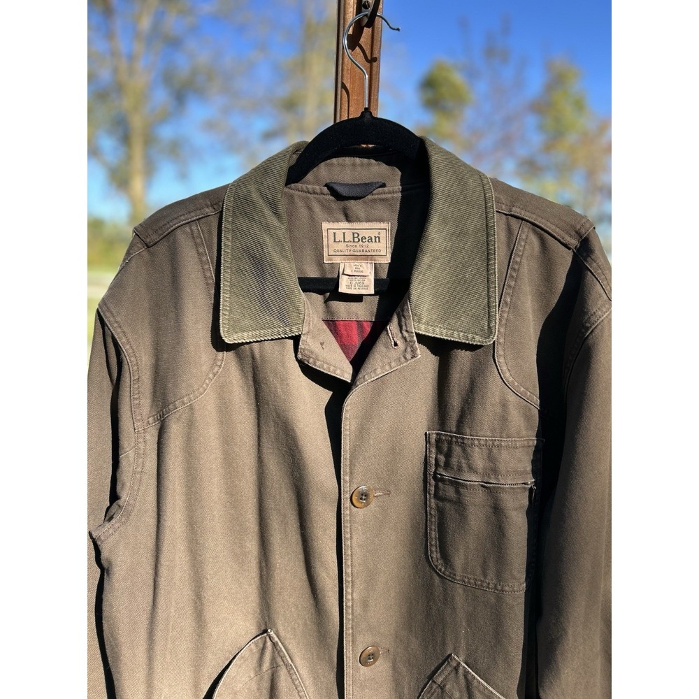 L.L. Bean Canvas Barn Chore Jacket Olive Green Corduroy Collar Flannel Lined - Picture 10 of 11